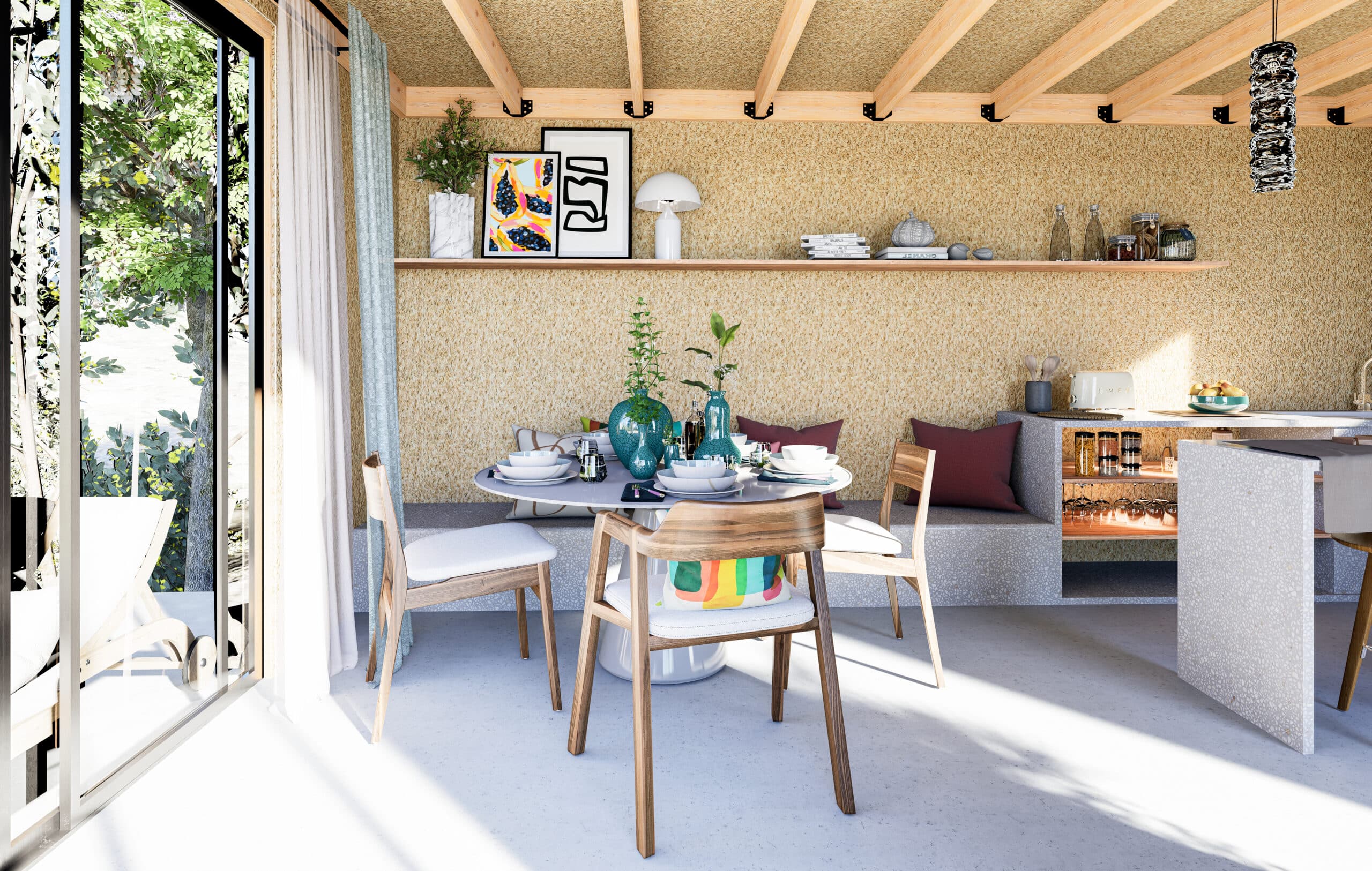 studio de jardin, salon, devoir, espace de devoirs dans un studio, pièce à vivre
